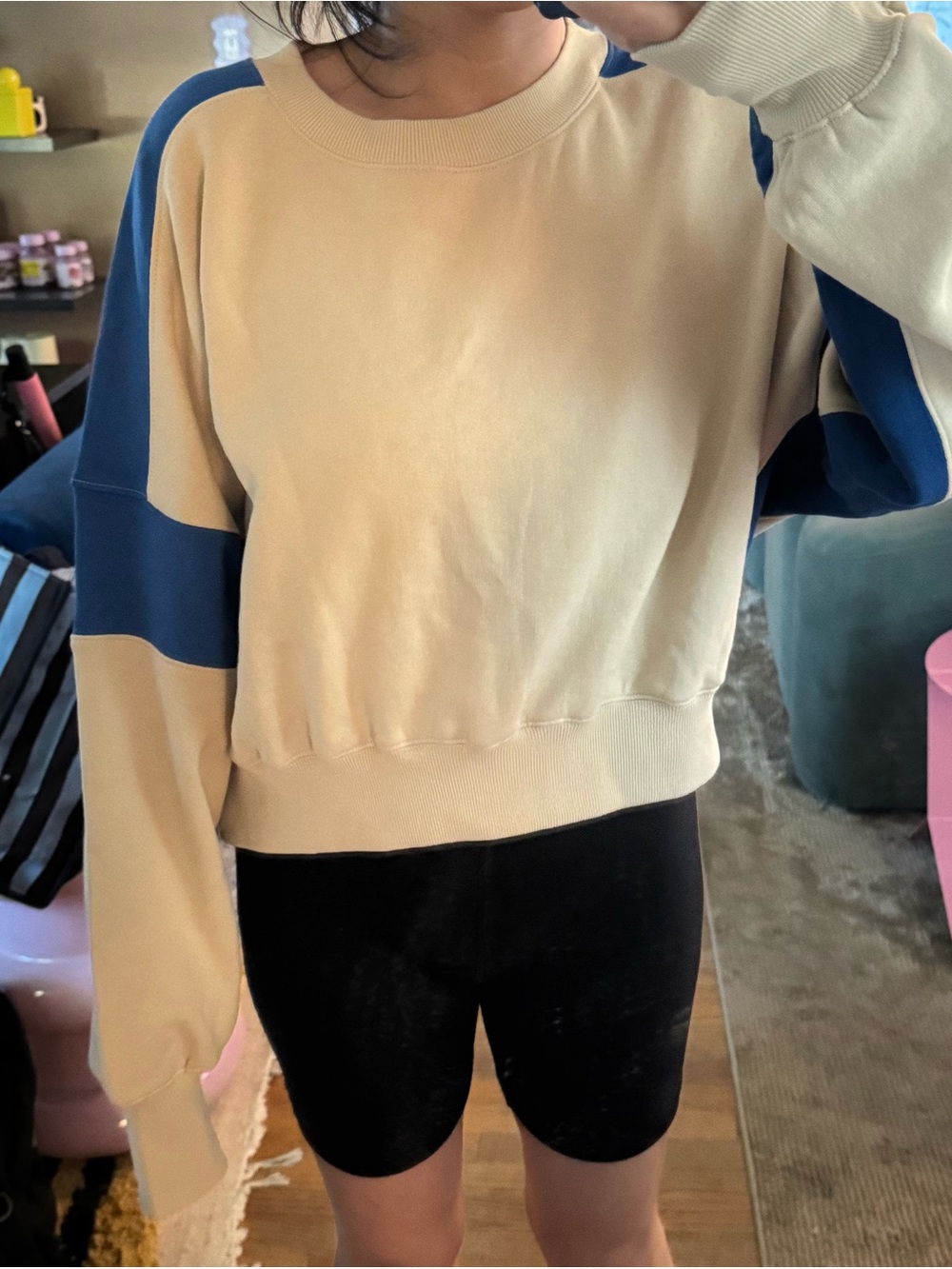 Beige and Blue Colorblock Crewneck Sweatshirt - Women